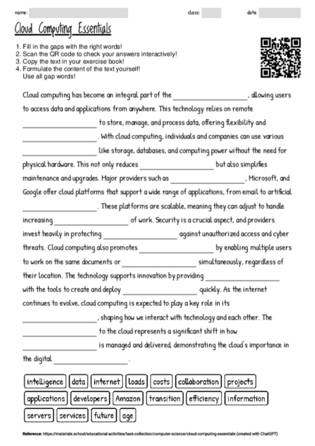 Worksheet With The Topic Cloud Computing Essentials Materials School